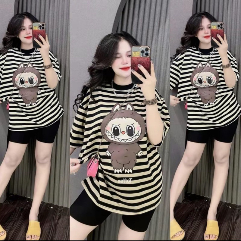 Set Bộ Nữ Thun TĂM LẠNH Quần Ngố + Áo Sọc FORM RỘNG In Gấu LaBuBu Bigsize _Thun Gân tăm lạnh Set ngố nữ Xưởng May Thu Lê