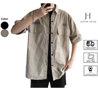 Áo Sơ Mi KAKI JAMINE HOUSE nam nữ form rộng thiết kế HAI TÚI THÊU CHỮ Màu NÂU, ĐEN Unisex