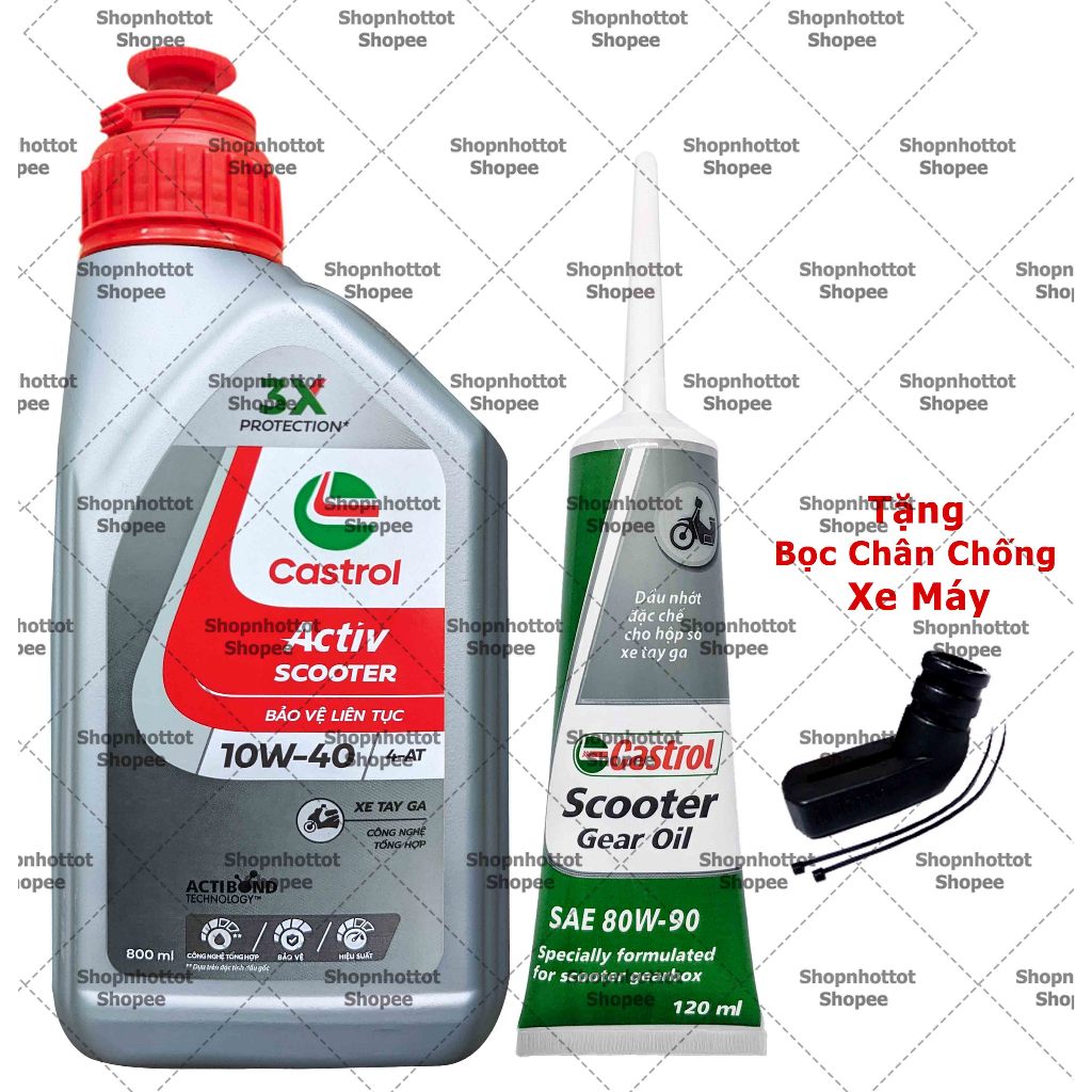 Combo Dầu nhớt tay ga Castrol Activ 10W40 800ml (0.8 L)  + Nhớt Lap Castrol (Tặng bọc chân chống) – 