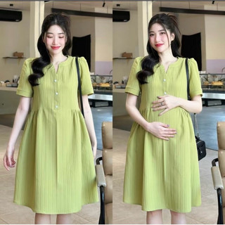 Váy bầu cộc tay cổ bèo ngực voan tơ 2 lớp 3 màu hồng , xanh , kem