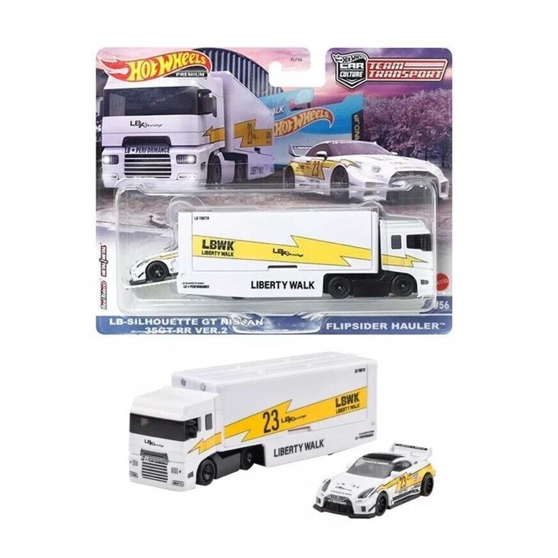 Xe mô hình Hot Wheels Team Transport Nissan R35 LBWK - Flipsider Hauler Trắng Tem Liberty Walk Full 