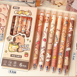 Hộp 6 chiếc bút mực xanh tẩy được hình Capybara, gấu trúc