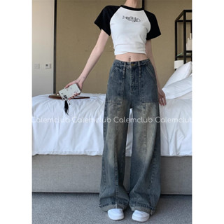 Calem club - Quần jean ống rộng túi vuông sọc gân cạp cao Unisex