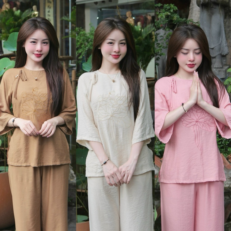[FREESHIP] Bộ Đũi Thêu Sen Cổ Tròn Kết Nơ, Bộ Pháp Phục Đi Lễ Đi Chùa Tay Lỡ