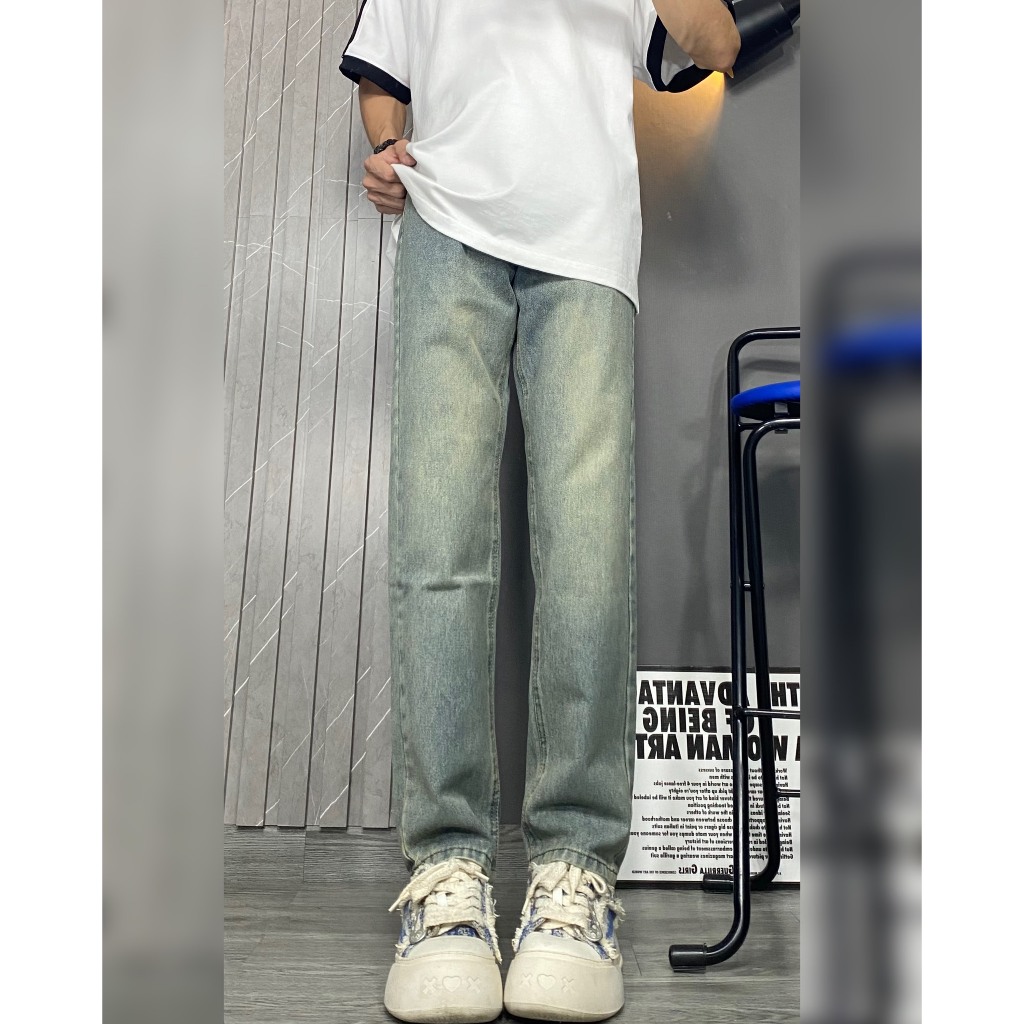 Quần Jean Nam Dáng Baggy Ống Suông Chất Vải Dày Dặn ,Quần Jean Nam Ống Đứng Wash Moss Green.