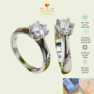 Nhẫn Moissanite màu trắng, Nhẫn bạc xi bạch kim 6 chấu đá CZ 6li5, Nhẫn kim cương nhân tạo 6li3 58 giác có kiểm định