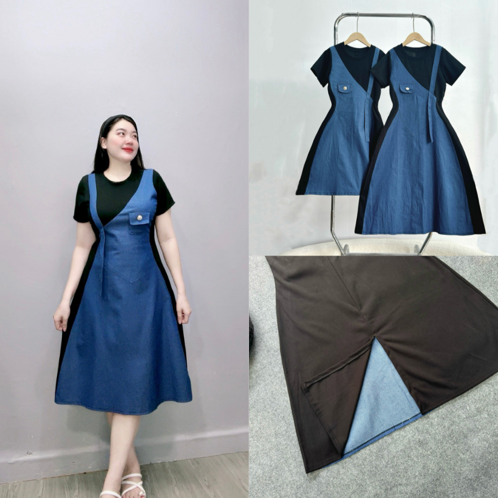 Đầm Jean Bigsize Nữ,Đầm Jean Phối Kiểu Big Size Tay Ngắn Lên Phom Tôn Dáng G671+G672