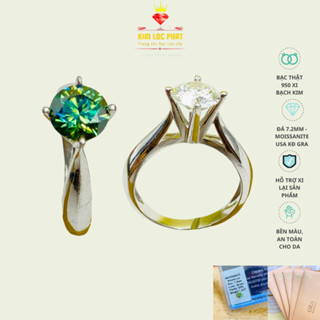 Nhẫn Moissanite màu trắng 7li2, Nhẫn bạc xi bạch kim 4 chấu, Nhẫn kim cương nhân tạo màu xanh 58 giác có kiểm định