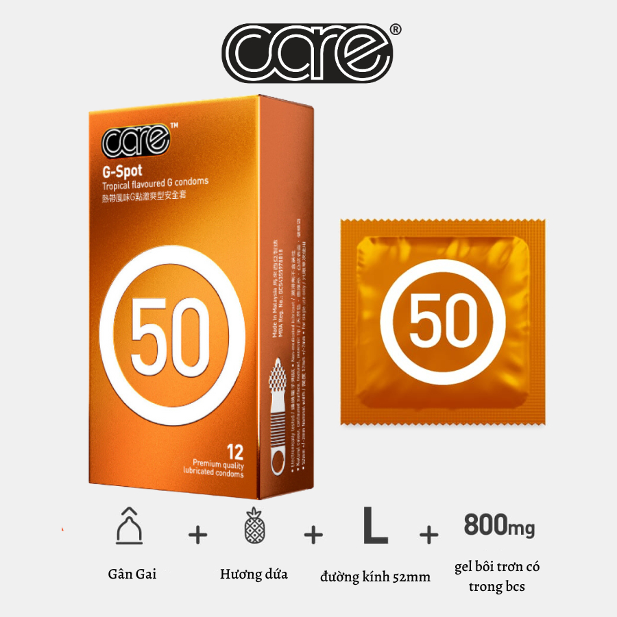 Bao Cao Su Gai Và Gân CARE 50 nhiều gel bôi trơn, mỏng nhiều gel, hương dứa rừng- Hộp 12 bcs gân gai