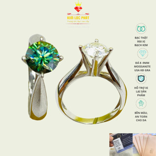  Nhẫn Moissanite màu trắng 8-9li Nhẫn bạc xi bạch kim 4 chấu Nhẫn kim cương nhân tạo màu xanh 58 giác có kiểm định 