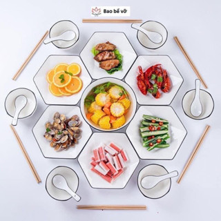 Bộ lục giác trắng viền đen đĩa đk 20cm tô đk 20cm chuẩn đẹp bộ như hình