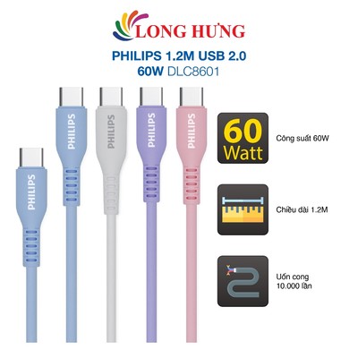 Cáp USB Type-C to Type-C Philips 1.2m USB 2.0 60W DLC8601 - Hàng chính hãng