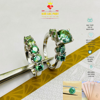 Nhẫn Moissanite màu xanh 100giác, Nhẫn bạc xi bạch kim 5 hột, Nhẫn kim cương nhân tạo màu xanh 100 giác có kiểm định