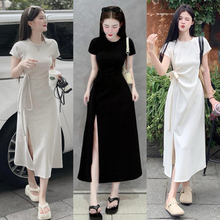 ĐẦM MIDI TRẮNG ĐEN NUDE NHÚN EO THẮT DÂY NƠ VINTAGE THANH LỊCH