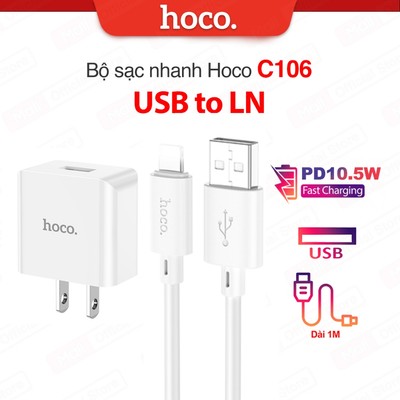 Bộ sạc nhanh Hoco C106 USB to IP PD10.5W 5V/2.1A ,chân cắm dẹt dùng cho ip6/7/8/X/11/12/13/14, dài 1m, chân dẹt