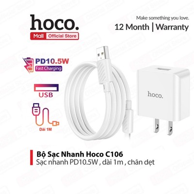 Bộ sạc nhanh Hoco C106 PD10.5W 5V/2.1A USB to IP dùng cho ip6/7/8/X/11/12/13/14,dây siêu bền, chân cắm dẹt, dài 1m