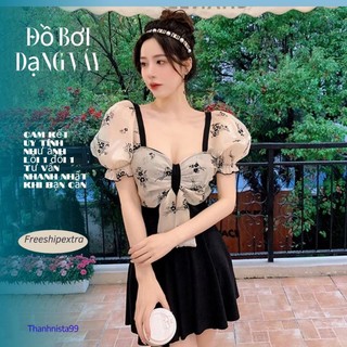 Bikini đồ bơi nữ liền mảnh cổ nơ tay phồng và chân váy xòe