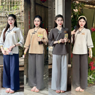 Pháp phục đi chùa, Bộ lam đi chùa chất liệu Đũi thêu A di đà phật Cao Cấp, thấm hút mồ hôi tốt