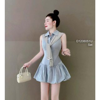 Đầm xanh tùng xòe cổ sơ mi sát nách kèm khăn choàng kẻ sọc xinh xắn!
