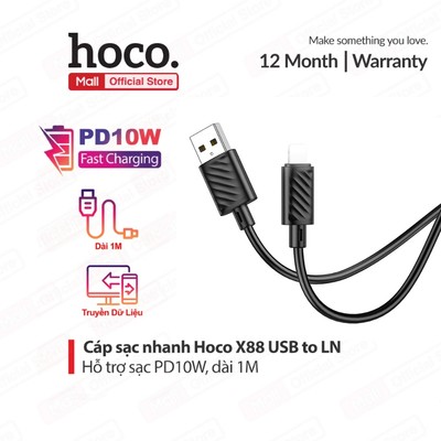 Cáp sạc PD10W USB to IP Hoco X88 dùng cho ip6/7/8/X/11/12/13/14 dây dẻo siêu bền dài 100CM
