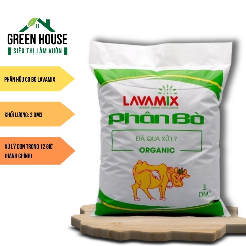 Phân Bò Hữu Cơ Lavamix | túi 3dm - đã qua xử lý, bổ sung đạm, bón lót cho rau củ quả, hoa kiểng | Green House