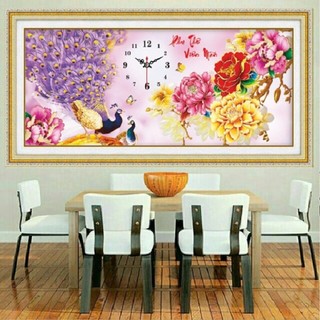 Tranh đính đá đồng hồ phu thê viên mãn KT:106x45cm. Tranh gắn đá tự làm.