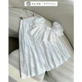 Set váy tiểu thư thêu hoa nổi alice chất thô cao cấp, thiết kế áo croptop phối chân váy cạp chun dáng dài s324
