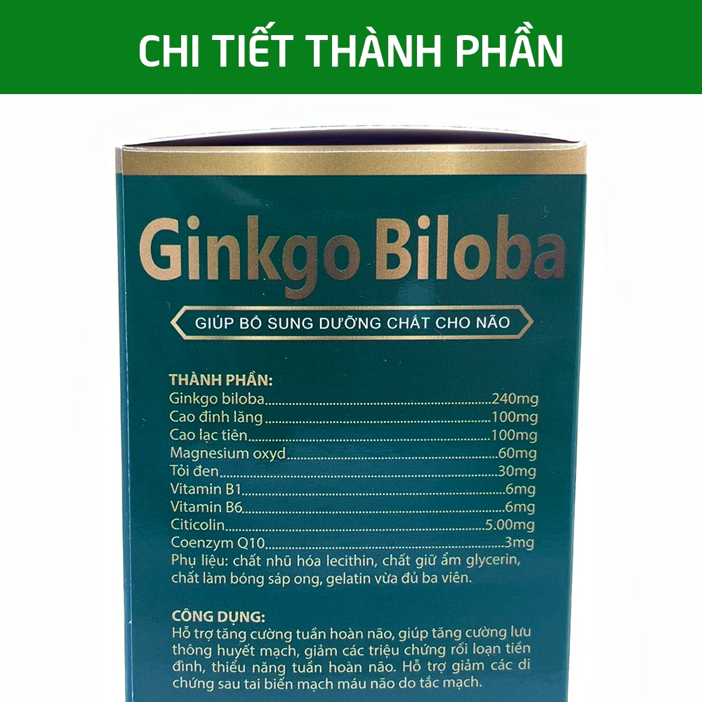 Hoạt huyết dưỡng não Ginkgo Biloba (xanh lá) Citicolin Q10 thảo dược - 100 viên