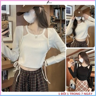 Áo thun nữ tay dài vải nỉ tăm dày dặn thiết kế giả yếm rút eo 2 size dưới 54kg co dãn 4 chiều At68