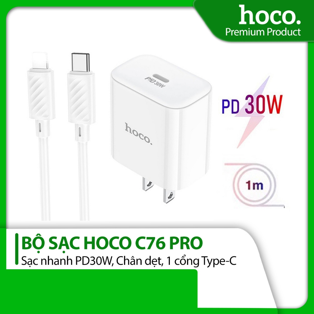 Bộ sạc nhanh PD30W Hoco C76 Pro Type-C to LN chân dẹt 1 cổng Type-C dài 1M