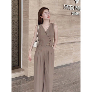 Set áo gilê phối nút chéo quần suông lưng cao chất cotton lạnh mềm mại cá tính
