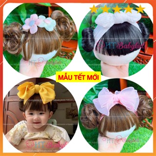 [ 50 MẪU TẾT MỚI ] - Băng Đô Turban Cho Bé Gái Tóc Giả Hai Bên Ren Nơ Trắng- Đủ Size Cho Bé Sơ Sinh TẾT