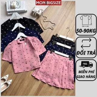 Set đồ bộ bigsize nữ dự tiệc đi chơi kiểu cổ tim nút bọc chân váy xếp ly vải cotton MON big size 50 - 90kg