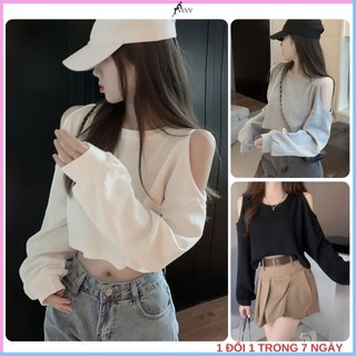 Áo thun tay dài nữ vải nỉ tăm thiết kế khoét vai dáng croptop size dưới 53kg co dãn 4 chiều At67