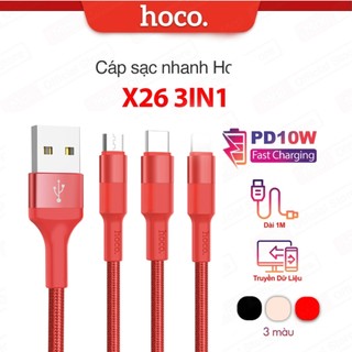 Cáp Sạc PD10W 3in1 USB Hoco X26 ip/ Micro-USB/ Type-C Vỏ Hợp Kim Nhôm Dòng Tối Đa 2A, tương thích nhiều thiết bị