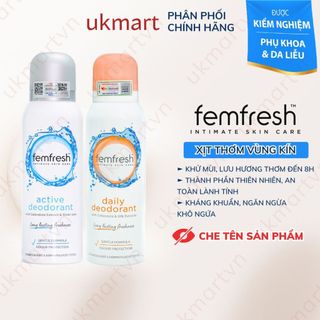 Xịt Thơm Mát, Khử Mùi Vùng Kín Chứa Ion Bạc Lưu Hương Suốt 12h Femfresh Deodorant Active 125ml