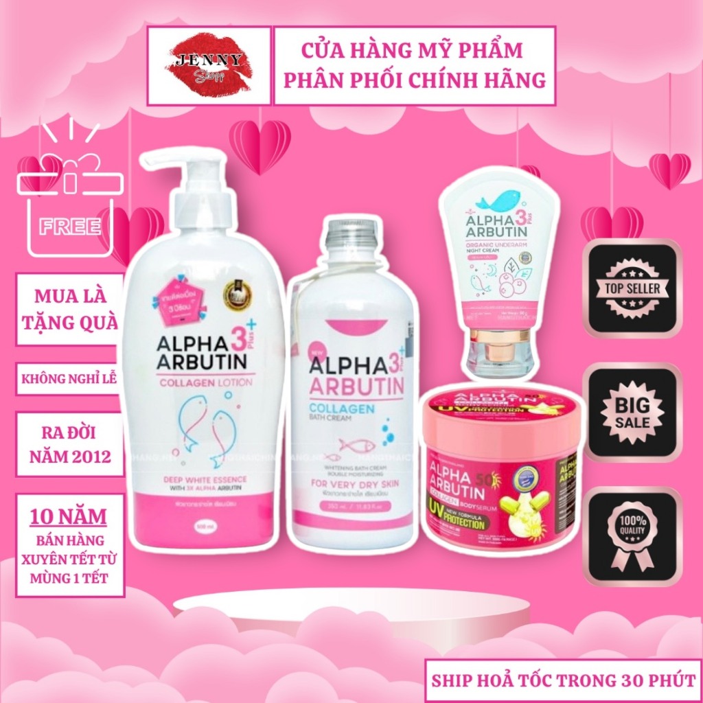 Bộ Sữa Tắm & Kem Dưỡng & Viên Kích Trắng Da Alpha Arbutin 3 Plus Thái Lan