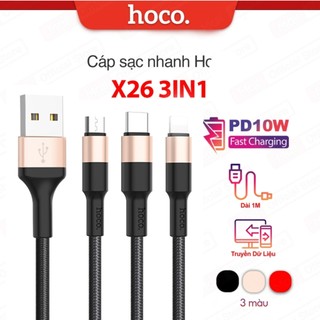 Cáp sạc Hoco X26 3 đầu đa năng ip - Micro - Type C dài 1m dây dù siêu bền, truyền dữ liệu, tương thích nhiều thiết bị