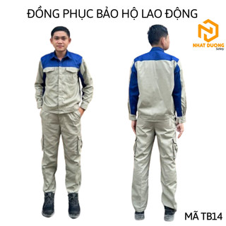 Quần áo bảo hộ lao động TB14 vải kaki 65/35-Đồ bao hộ lao động màu ghi phối xanh-Hàng may sẵn