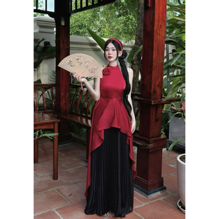 Set áo yếm lụa chân váy tơ xoè tag hoa cài tóc TKCC