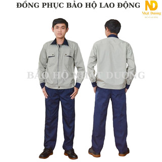Quần áo bảo hộ lao động Tinba 03 màu ghi phối xanh dương,vải Pangrim Hàn Quốc- Hàng may sẵn, in thêu logo theo yêu cầu