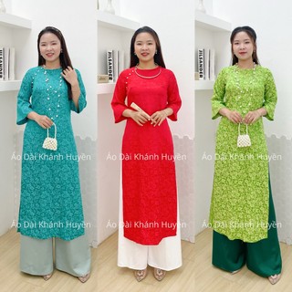 Áo dài cách tân gấm thanh liễu cổ tròn dáng suông kết ngọc tay loe may sẵn mặc dịp lễ tết