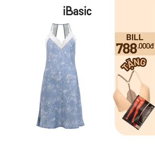 Đầm ngủ nữ satin hoạ tiết phối ren iBasic SW054