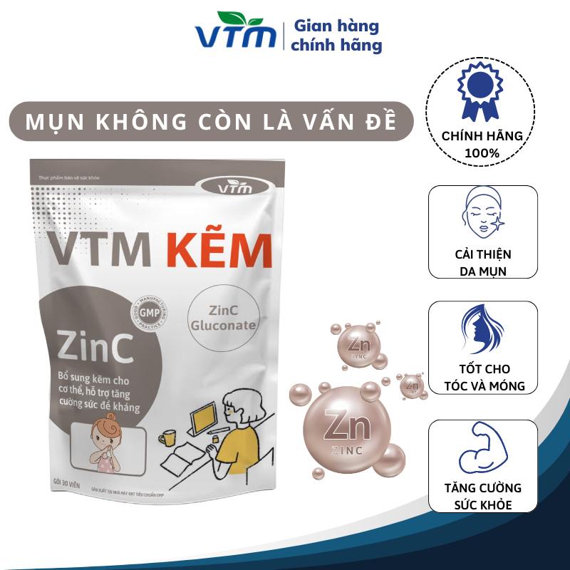 Viên Uống Vtm Kẽm Zinc Bổ Sung Kẽm Cho Cơ Thể, Tăng Cường Đề Kháng - Gói 30 Viên