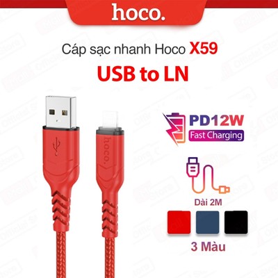 Cáp sạc nhanh PD12W USB to IP Hoco X59 dùng cho ip6/7/8/X/11/12/13/14 , hỗ trợ truyền dữ liệu, dài 1m/2m