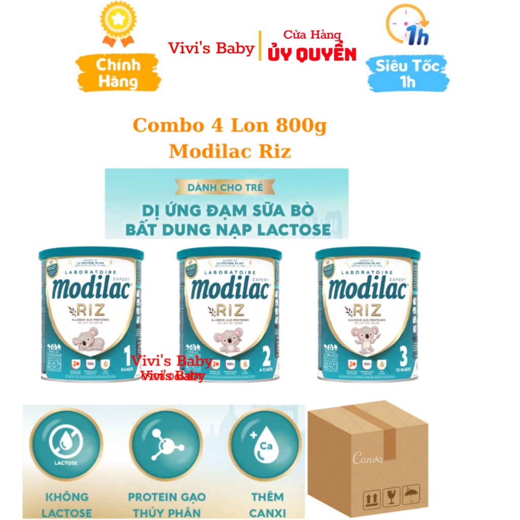 [Combo 4 Lon] Sữa Modilac Riz số 1, 2, 3 Lon 800g dành cho trẻ dị ứng đạm bò và bất nạp Lactose nhập