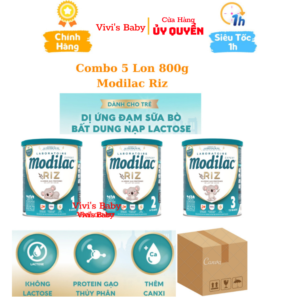 [Combo 5 Lon] Sữa Modilac Riz số 1, 2, 3 Lon 800g dành cho trẻ dị ứng đạm bò và bất nạp Lactose nhập