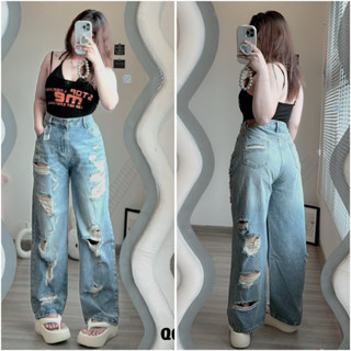 Quần Jean Nữ Ống Rộng Bigsize 55-90kg Lưng Cao Rách Bụi Phía Trước Và Sau Cá Tính, Quần Bò Nữ Bigsize QC5002
