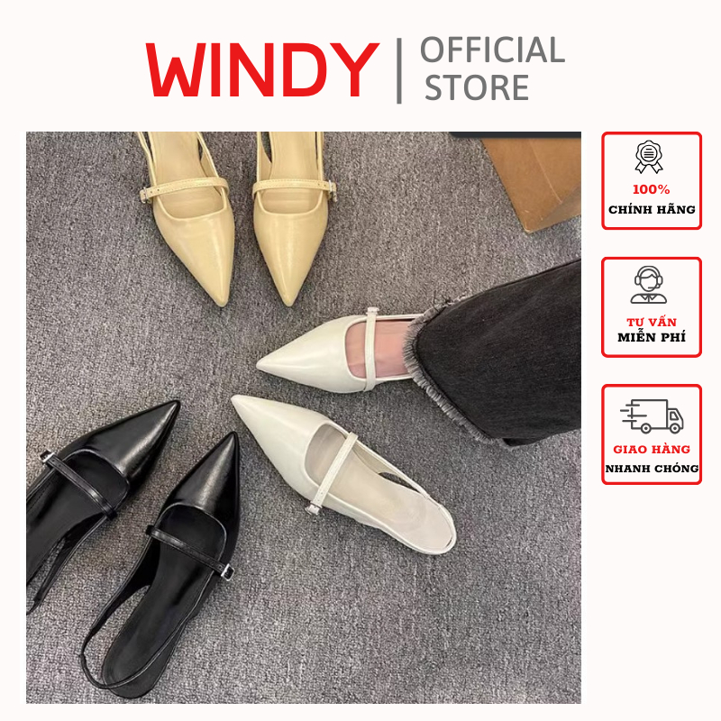 ( SD-0348) Giày Sandal Sục Mũi Nhọn WINDY Chất Da Bóng Quai Phối Ngang Basic Thanh Lịch Đế Bệt SD-0338