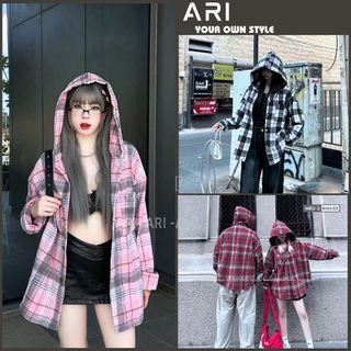 Áo Sơ Mi Kẻ Caro Dài Tay Hot Hit Có Mũ, Áo Khoác Ngoài Form Rộng Nam Nữ Đều Mặc Được - ARI